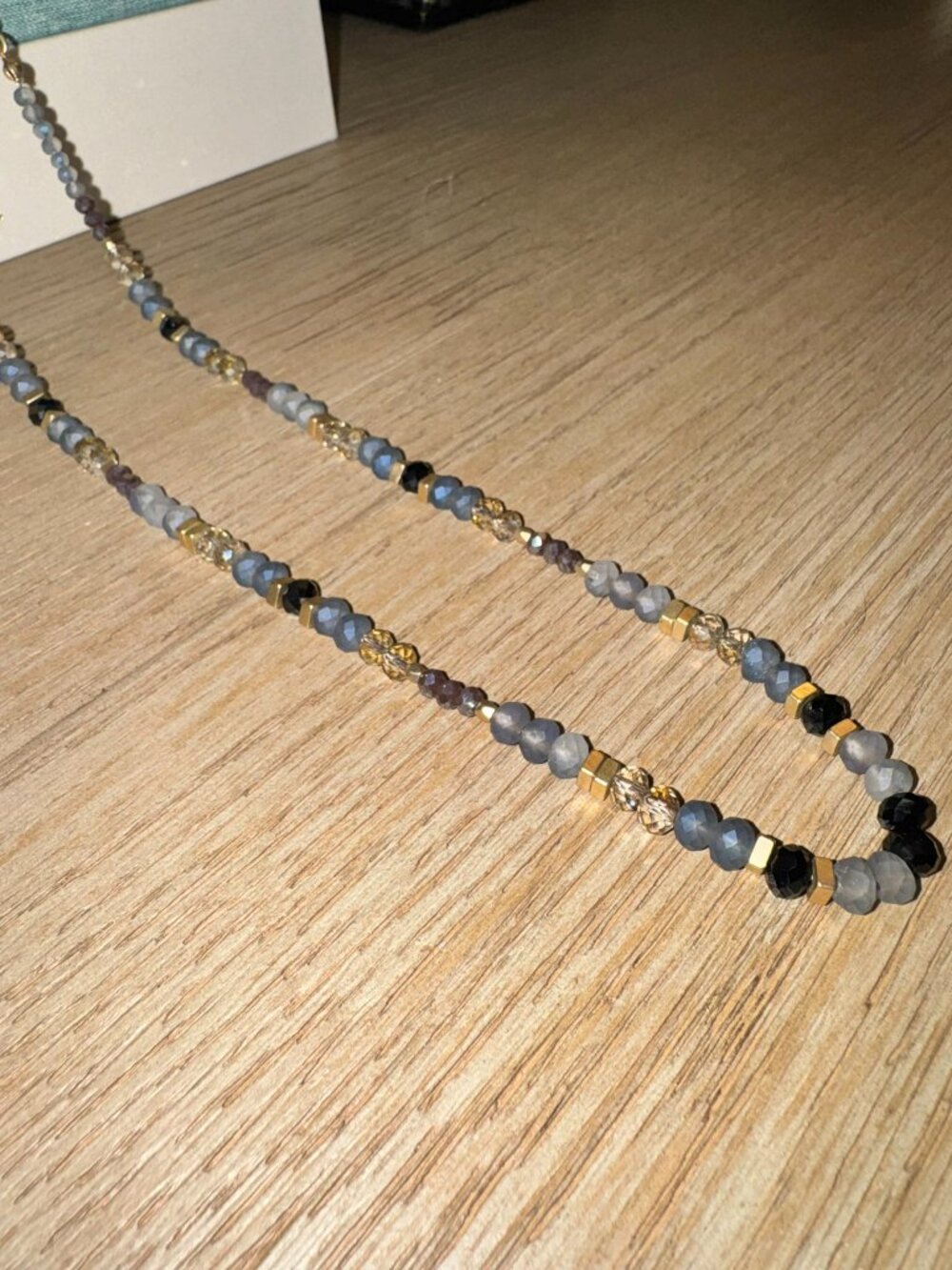 LOFT Long Beaded Necklace | Navy, Gray & Gold Tone Beads